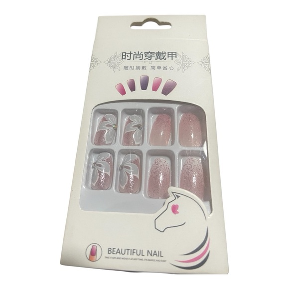 🆕 Glitter Butterfly Acrylic Coffin Fake Press On Nail Tips Medium Square - Picture 2 of 8